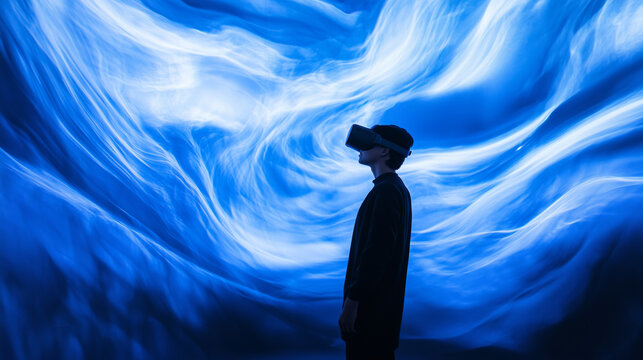 Interactive digital technology, teenager explores world using VR headset, experience virtual reality