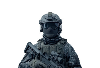 A soldier dressed in full tactical gear stands ready with a rifle isolated on transparent background