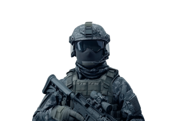 A soldier dressed in full tactical gear stands ready with a rifle isolated on transparent background
