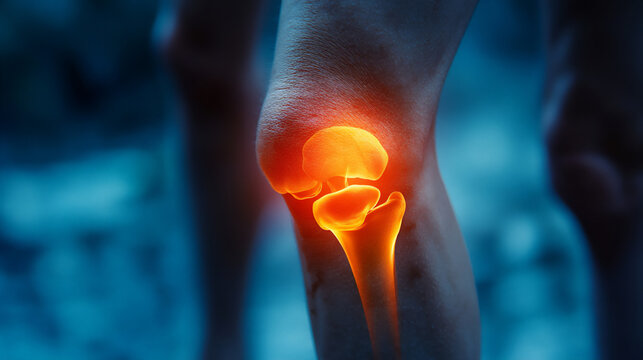 a digital banner with a close-up of a painful knee joint, featuring a call to action for pain relief products or services.