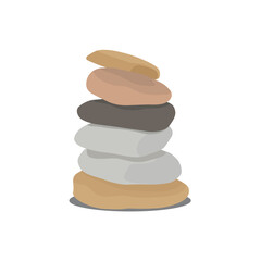 Vector illustration of pebbles balancing in cartoon flat style. Meditation balance stone pyramid. Stacked pebbles pastel colors object vector illustration isolated white background.