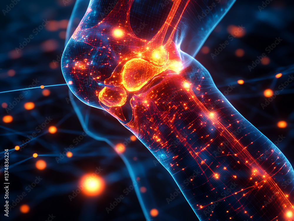 Poster abstract image of a knee joint with red glowing lines emanating from it, symbolizing intense pain, d
