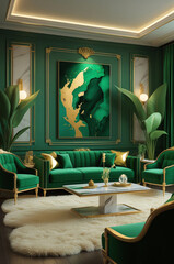 Elegant Green and Gold Lounge with Velvet Seating