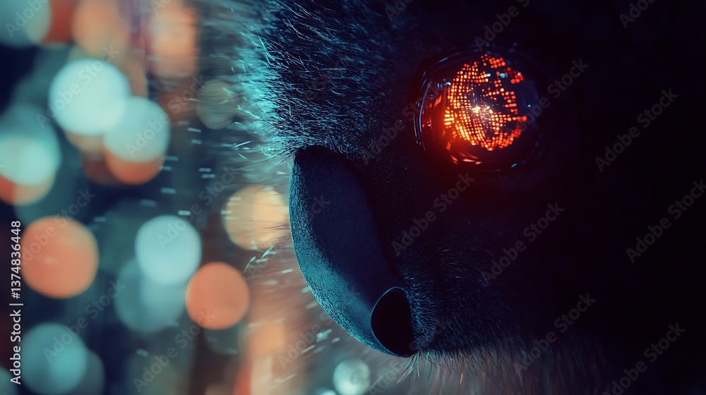 Poster Close-up of a glowing mechanical eye resembling a creature with intricate textures amidst vibrant bokeh lights creating a dynamic and dreamlike atmosphere