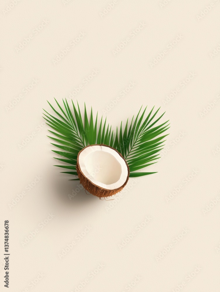 Poster flat lay of a coconut and a palm leaf on a light beige background. the coconut is in the center of t