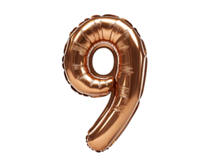Bronze Number 9 Foil Balloon on Transparent Background