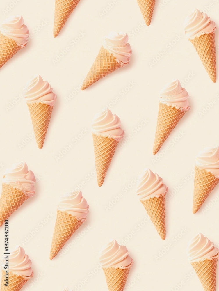 Poster group of ice cream cones arranged in a repeating pattern on a light pink background. the cones are l