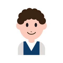 Flat Vector Illustration of a Smiling Young Boy with Curly Hair Wearing a Blue Vest Representing a Cheerful Child Character Avatar