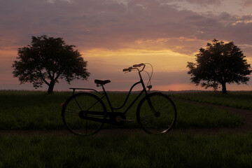 Obraz premium parked bicycle on the country lane in the beautiful evening light. 3D Rendering