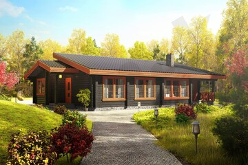 A charming modern house amidst a picturesque natural setting with vibrant foliage that invites tranquility
