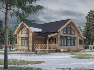 An exceptionally beautiful wooden house is situated amid extensive snowcovered land and lush evergreen trees