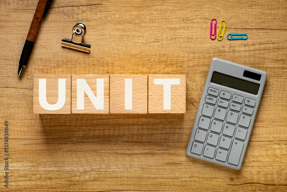 Poster there is wood cube with the word unit. it is an abbreviation for unit as eye-catching image.