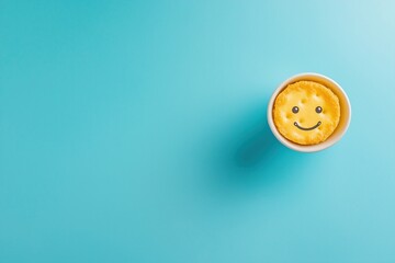 Obraz premium Happy Smiley Face Cracker in a Coffee Cup on a Blue Background Top View