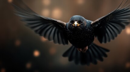 Naklejka premium A beautiful starling captured mid-flight, highlighting the striking details of its plumage and intense expression, perfect for showcasing wildlife's grace in nature.