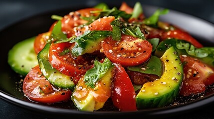 A vibrant and colorful mixed vegetable salad featuring tomatoes, cucumbers, and avocados arranged artistically, showcasing a refreshing take on healthy dining.