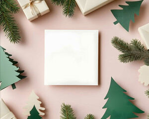 Fototapeta premium A white blank square card mockup card laying on top of pink green children paper cut outs christmas cut outs flat lay image white table natural lighting highresolut