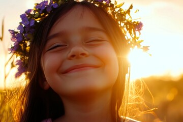 Fototapeta premium Happy caucasian child girl with black hair wearing purple flower crown on her head. Golden hour in sunset. Happy vacation time visual idea. Childâ€™s holiday escape in nature.