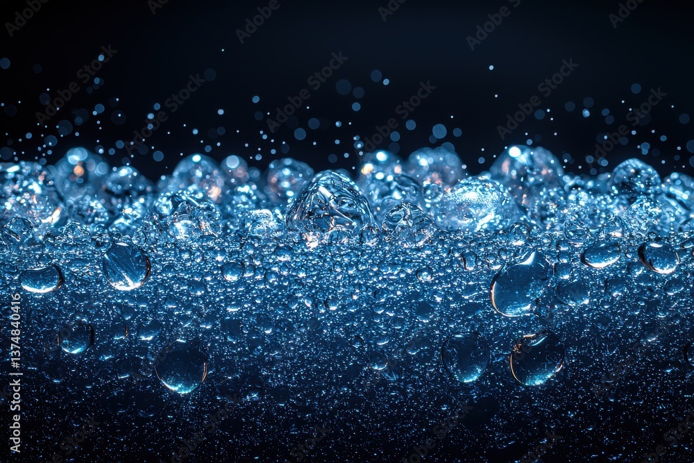 Poster Bubbles rise to the surface creating a sparkling display in a dark environment showcasing the beauty of water at close range
