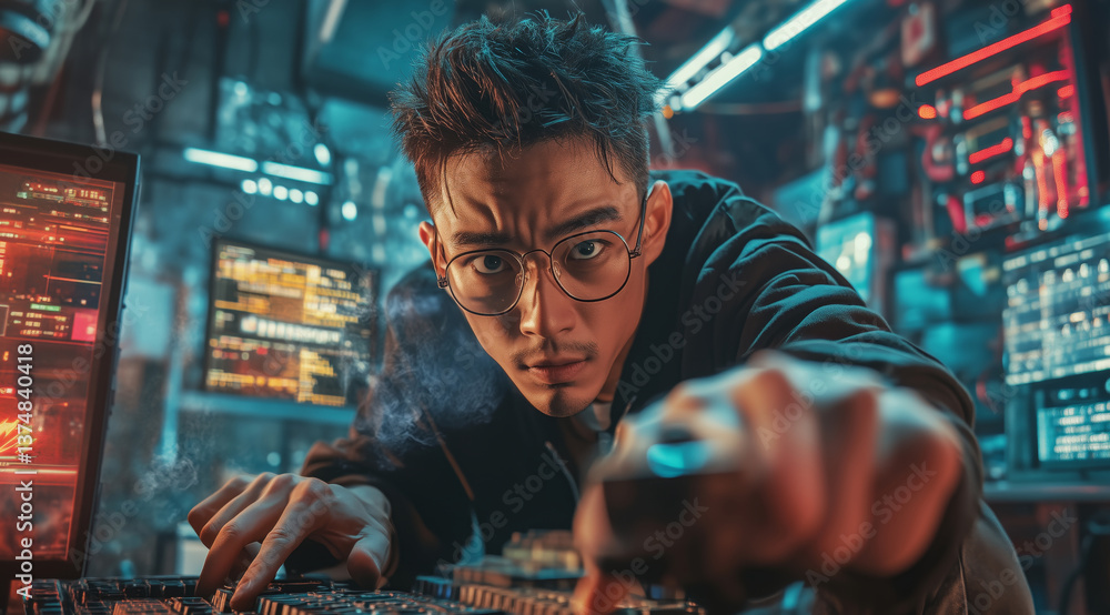 Poster A cybersecurity expert works intensely on a computer, managing firewall settings and analyzing data. The dimly lit environment, with multiple screens, highlights the urgency of preventing breaches.