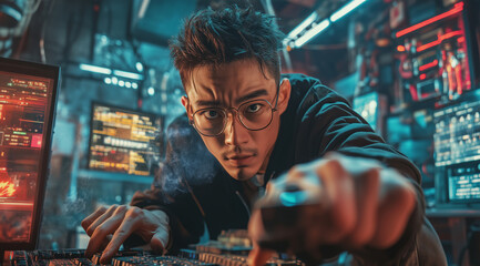 Fototapeta premium A cybersecurity expert works intensely on a computer, managing firewall settings and analyzing data. The dimly lit environment, with multiple screens, highlights the urgency of preventing breaches.