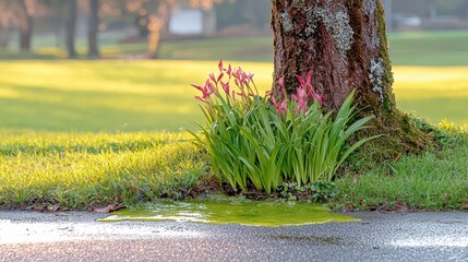 Colorful flowers bloom near a tree trunk on a sunny day at a golf course surrounded by green grass and soft morning light in early spring