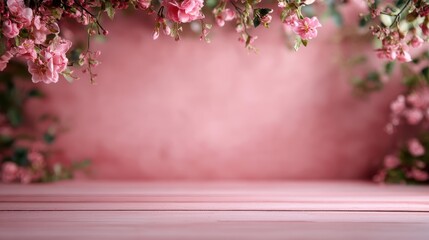 An enchanting pink floral arch beautifully complemented by a soft pink vintage background, evoking romance and nostalgia, perfect for weddings and special celebrations.