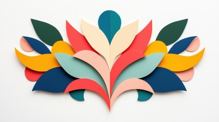 Obraz premium Colorful abstract design made up of multiple overlapping leaves. the leaves are arranged in a symmetrical pattern, with each leaf having a different color - red, orange, yellow, green, blue, and pink.