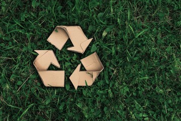 Cardboard Recycle Symbol on Green Grass Background, Eco-Friendly Concept