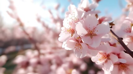 Fototapeta premium A captivating scene of cherry blossoms with soft pink petals illuminating the branches, signifying the arrival of spring and the happiness it brings to observers.