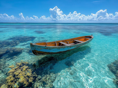 Small wooden boat floating on calm crystal clear turquoise water with coral reef below  - Powered by Adobe