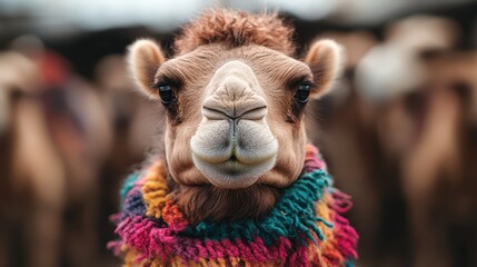 Obraz premium A stylish camel showcases its personality while wearing a vibrant scarf amidst a group of camels, capturing the essence of charm and uniqueness in wildlife.