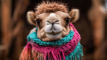 Fototapeta premium A charming camel with expressive features, adorned in a vibrant knitted scarf, captures attention and exudes personality, blending nature with playful fashion.