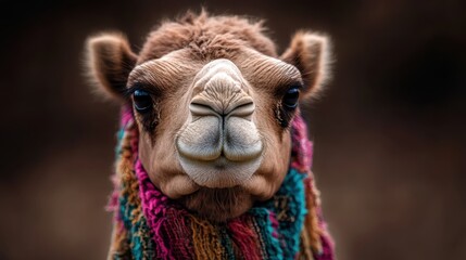 Obraz premium This adorable camel stands out with its warm expression and colorful scarf, perfectly blending humor with wildlife, showcasing personality in a charming manner.