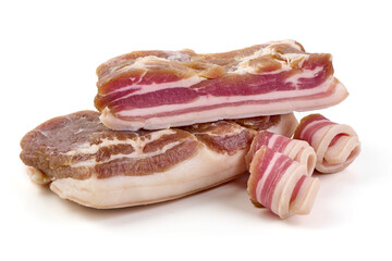 Smoked bacon. Streaky brisket slices, isolated on white background.