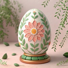 Easter mockup concept. Decorative egg with floral design, resting on a green base amidst leaves.