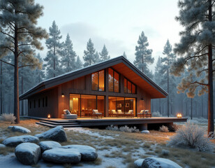 A cozy and modern cabin beautifully nestled in the enchanting snowy woods, perfect for winter getaways or retreats