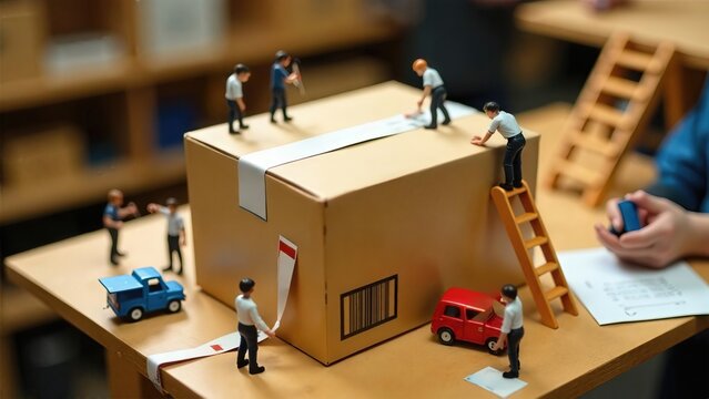 Miniature people of Diverse Individuals Collaborating to Efficiently Pack a Box with Precision and Care