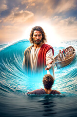 Scene from the Bible, specifically the story of Jesus Christ walking on water