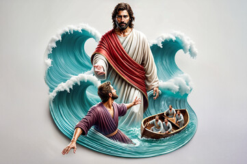 Scene from the Bible, specifically the story of Jesus Christ walking on water