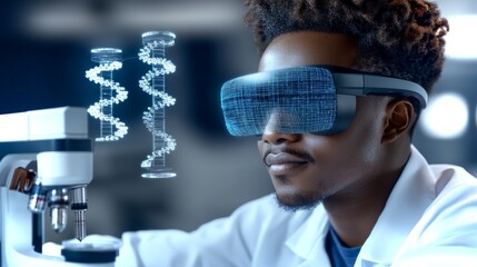 Young Black male bioengineer utilizes augmented reality to explore advanced research techniques