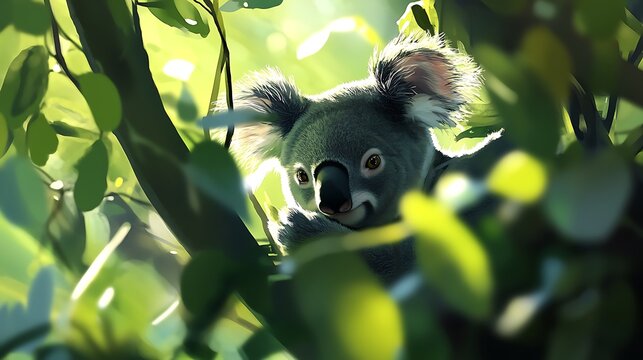 A curious koala peeping through lush green leaves in a sunlit forest, exhibiting endearing features and a serene expression captured in soft lighting - Powered by Adobe