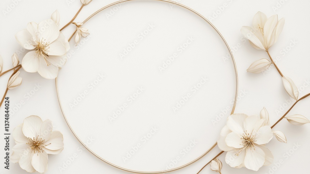 Poster flat lay of a gold hoop frame with a white background. the frame is made up of multiple white flower
