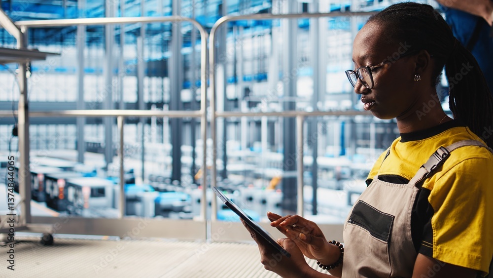 Poster worker using tablet in smart factory, collecting and analyzing data. expert using tracking software 