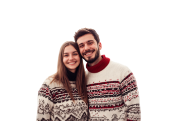 Two young adults are happily posing together wearing vibrant knitted sweaters isolated on transparent background