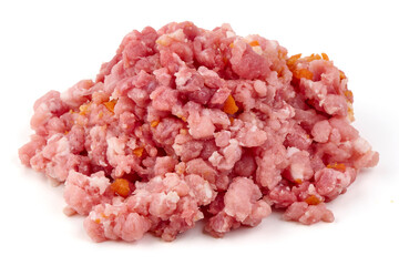 Fresh ground pork with spices isolated on white background.