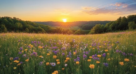 Fototapeta premium Serene sunset over a vibrant wildflower meadow.