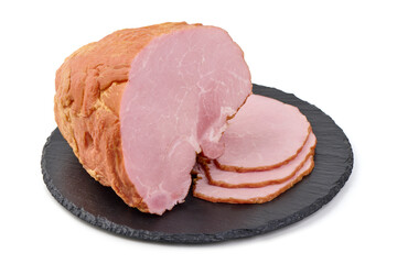 Smoked Ham with Sliced Pieces Isolated on White Background.
