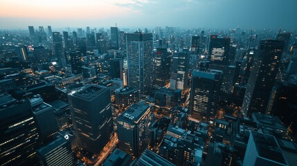 Urban sprawl at dusk with towering skyscrapers and city lights illuminating the night