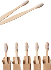 Set of ECO friendly wooden bamboo toothbrushes. Save the planet or NO plastic concept. Isolated on white background.