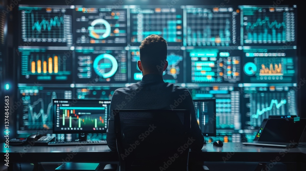 Poster data analyst monitors multiple dashboards for business insights and trends using advanced analytics 